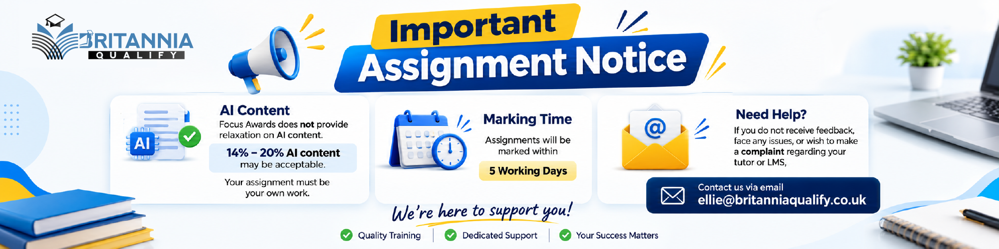 Important Assignment Notice - AI content, marking time, and support contact details